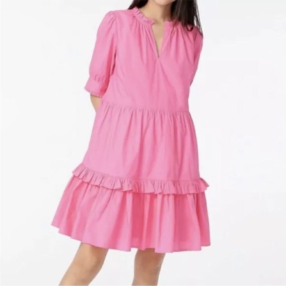 J Crew Dress  Womens Pink Sz XS  Ruffle Neck Short Sleeve Tiered Popover Cotton